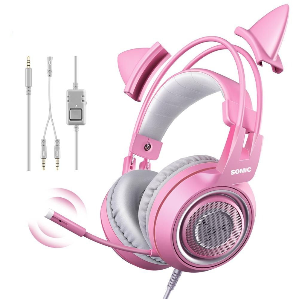 SOMIC Wired Pink Cat Ear Headset w/ Mic
