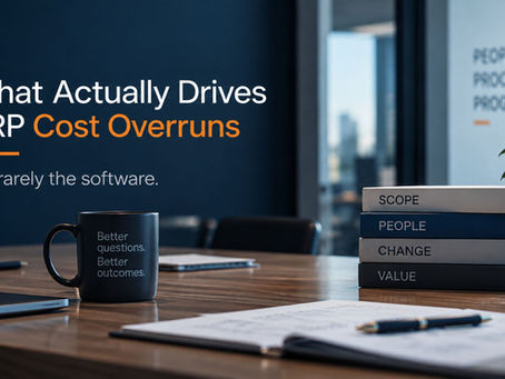 What Actually Drives ERP Cost Overruns: it's rarely the software. Stacked books labelled Scope, People, Change and Value.