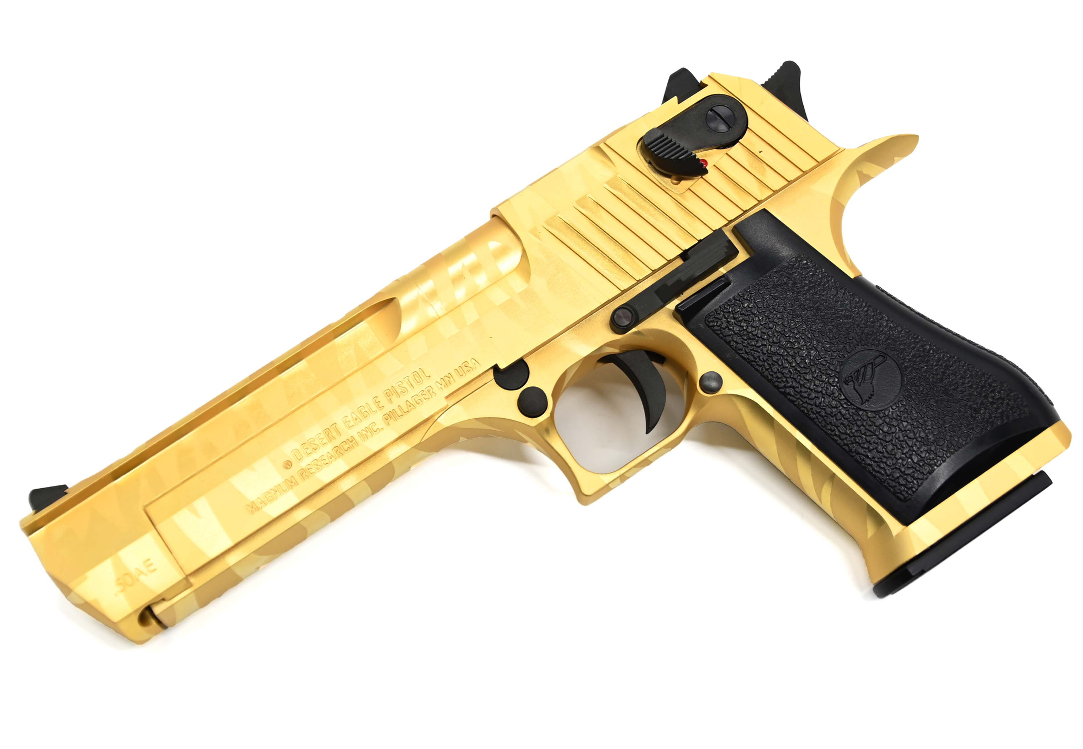 Upgraded Cybergun Desert Eagle Tiger Stripe Airsoft GBB Pistol in golden color