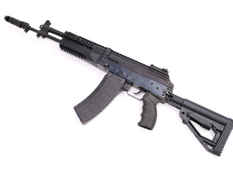 SWIT customized AK12 GBB rifle on a white background, AK12-style externals with WE AK gas blowback system.