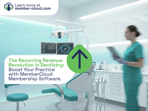 Modern dental office with clean, high-tech equipment and a hygienist walking past a treatment chair. Overlay text promotes MemberCloud membership software as a solution for boosting recurring revenue in dentistry.