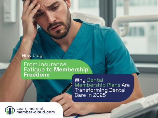 Frustrated dental professional in scrubs sitting at a desk, representing insurance fatigue. Promotional overlay introduces MemberCloud’s dental membership plans as a better alternative in 2025.