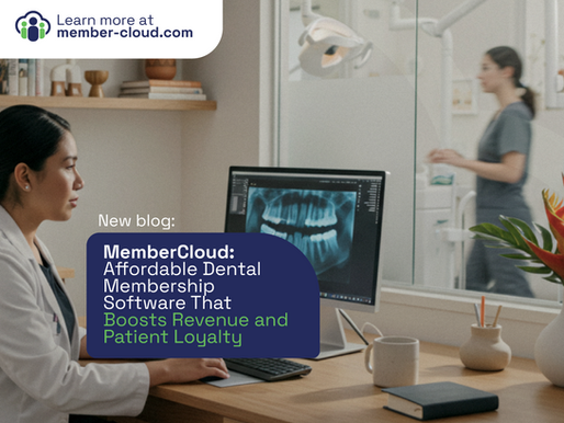 Female dental professional reviewing a digital X-ray on a computer in a modern clinic. Promotional overlay highlights MemberCloud as affordable dental membership software that boosts revenue and patient loyalty.