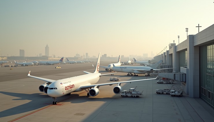 High angle view of cargo planes at Dubai International Airport near DAFZ