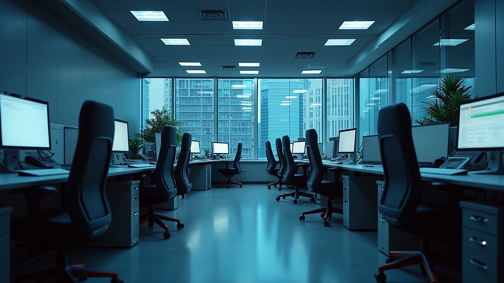 Eye-level view of a modern office workspace with multiple computers and networking equipment