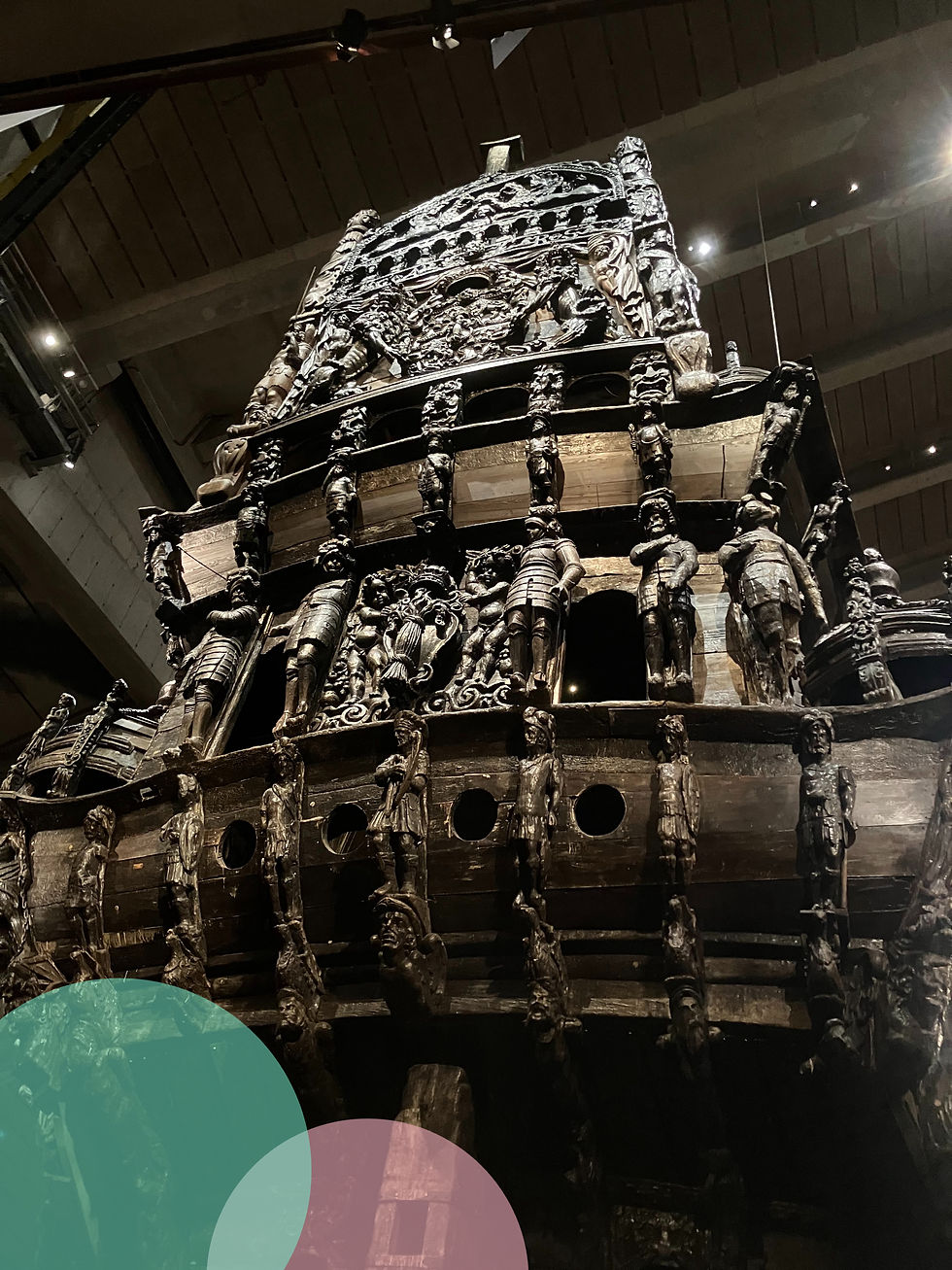 An image of the rear of the Vasa, showing its ornate carvings
