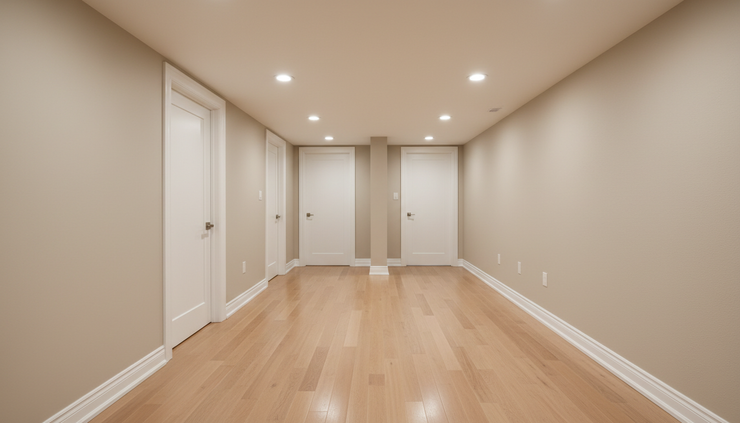 Wide-angle view of a clean finished basement hallway with new trim and flooring.