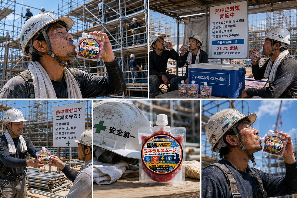 建設現場で作業員がミネラルスムージーを飲んでいる様のコラージュ