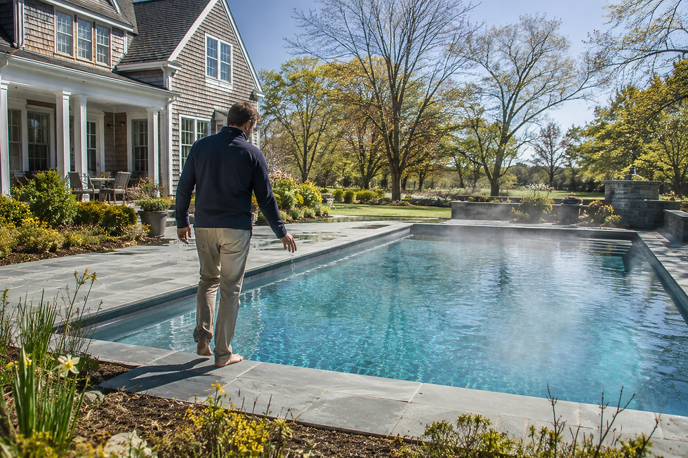 Homeowner walking beside a crystal-clear swimming pool on a bright spring morning, surrounded by bluestone decking, daffodils, fresh greenery, and a New England shingle-style home.