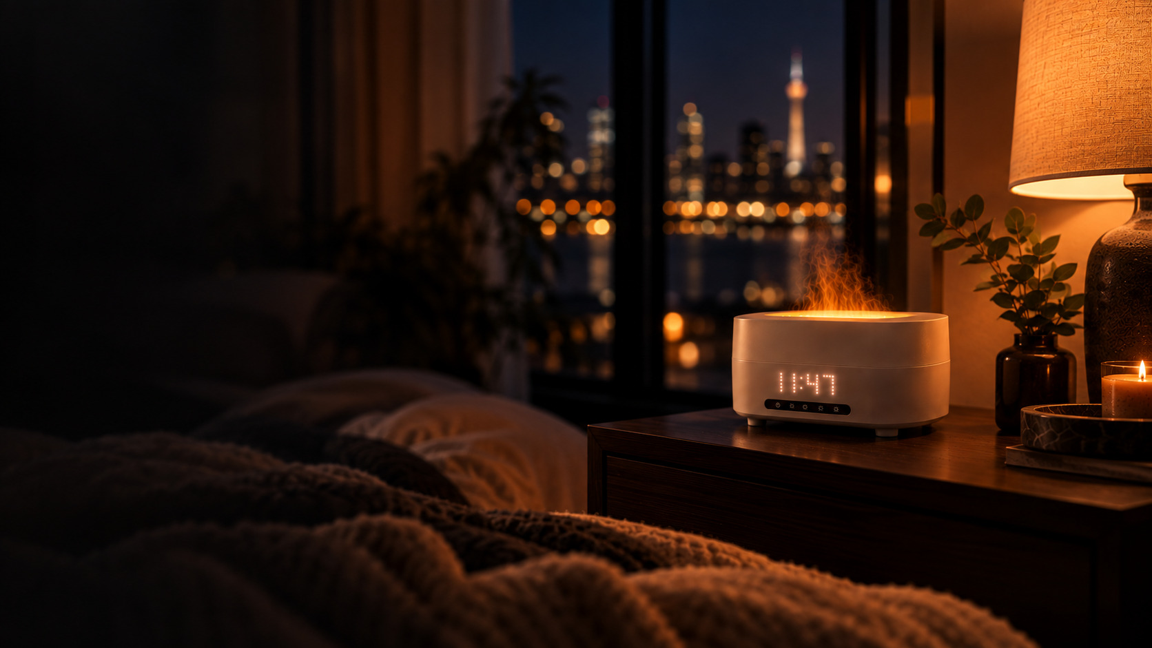 The 5-in-1 Flame Diffuser glowing in the dark