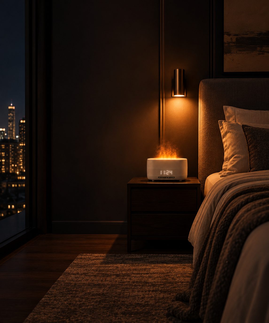 A calm bedroom at night with warm amber flame glow, soft linen, a book and tea