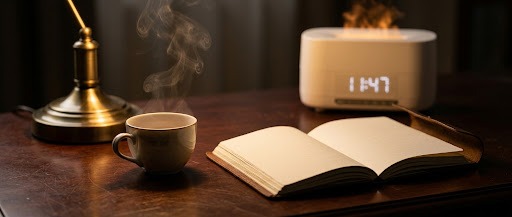 A warm evening living space with the RELICR flame diffuser glowing on a side table