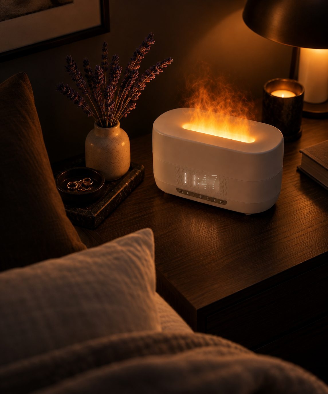 RELICR 5-in-1 Flame Diffuser glowing on a nightstand beside lavender and a candle