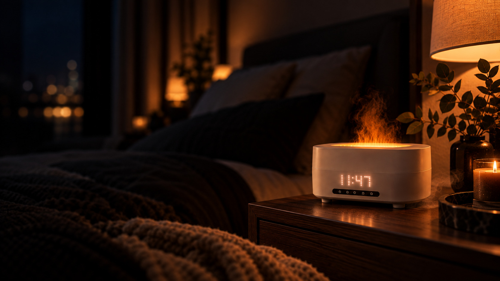 The RELICR 5-in-1 flame diffuser glowing on a bedroom nightstand in the evening