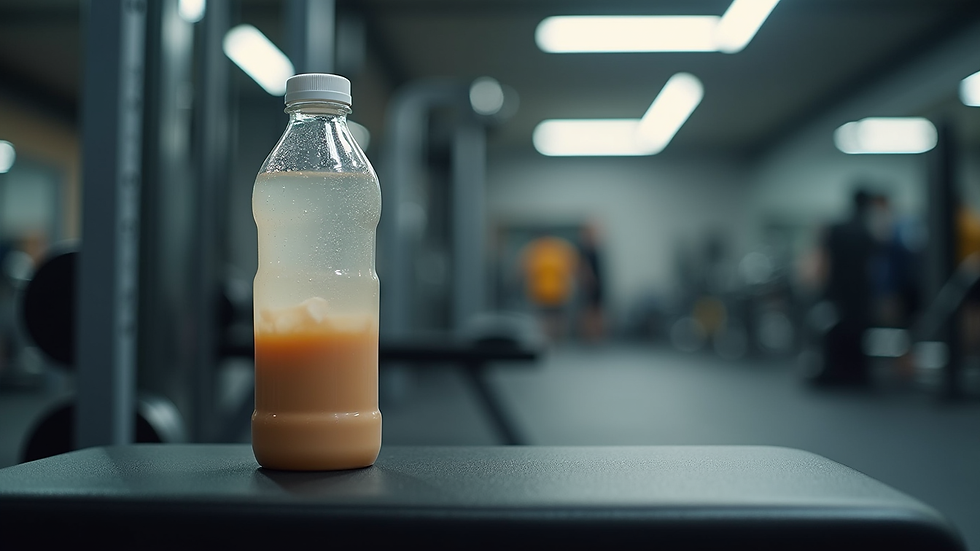 Eye-level view of a water bottle and protein shake on a gym bench