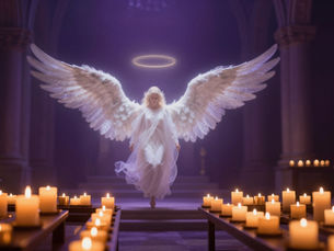 A celestial being bathed in ethereal light descends amidst a sea of glowing candles, embodying divine energy and tranquility in sacred expression.