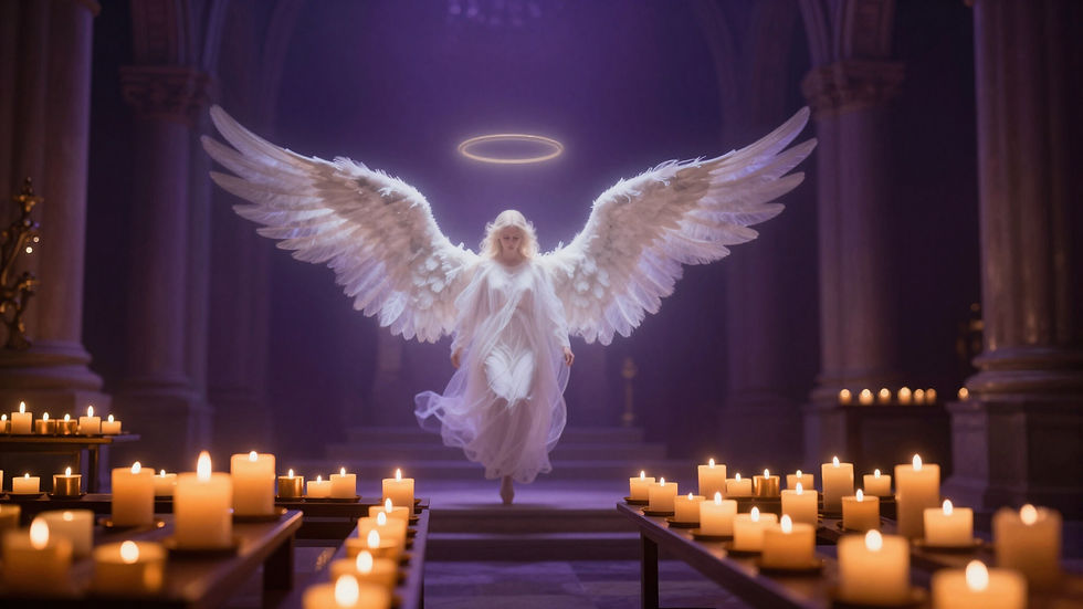 An angel with large white wings and a glowing halo floats over rows of lit candles in a dimly lit cathedral, evoking serenity.