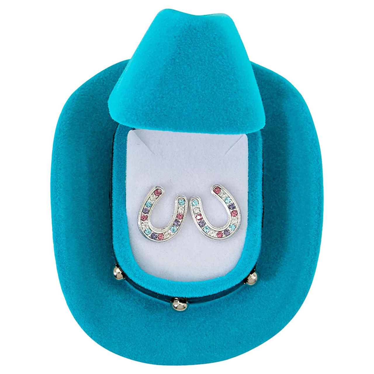 Multi-Color Rhinestone Horseshoe Earrings in Cowboy Hat Gift Box