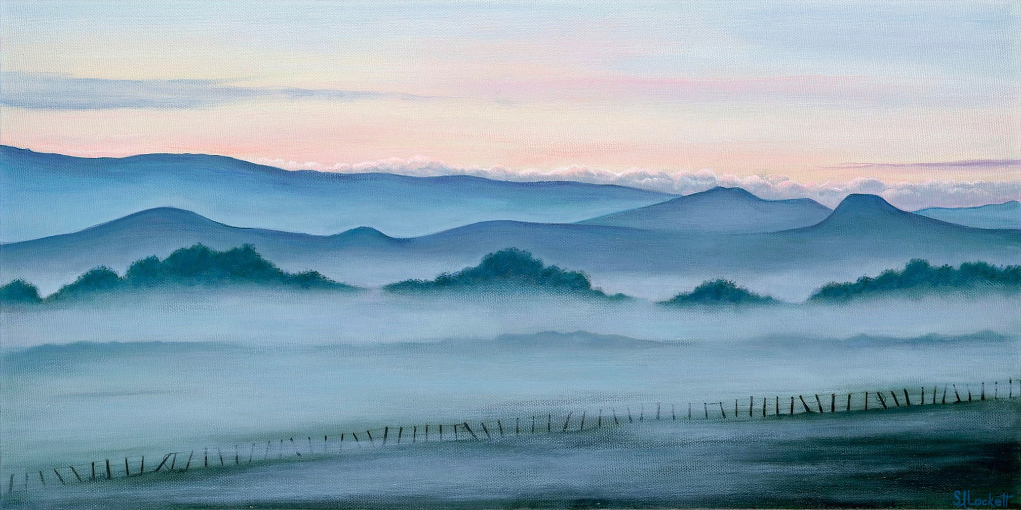 Fog drifting over the land at sunrise. Blue/pink sky, blue green land.