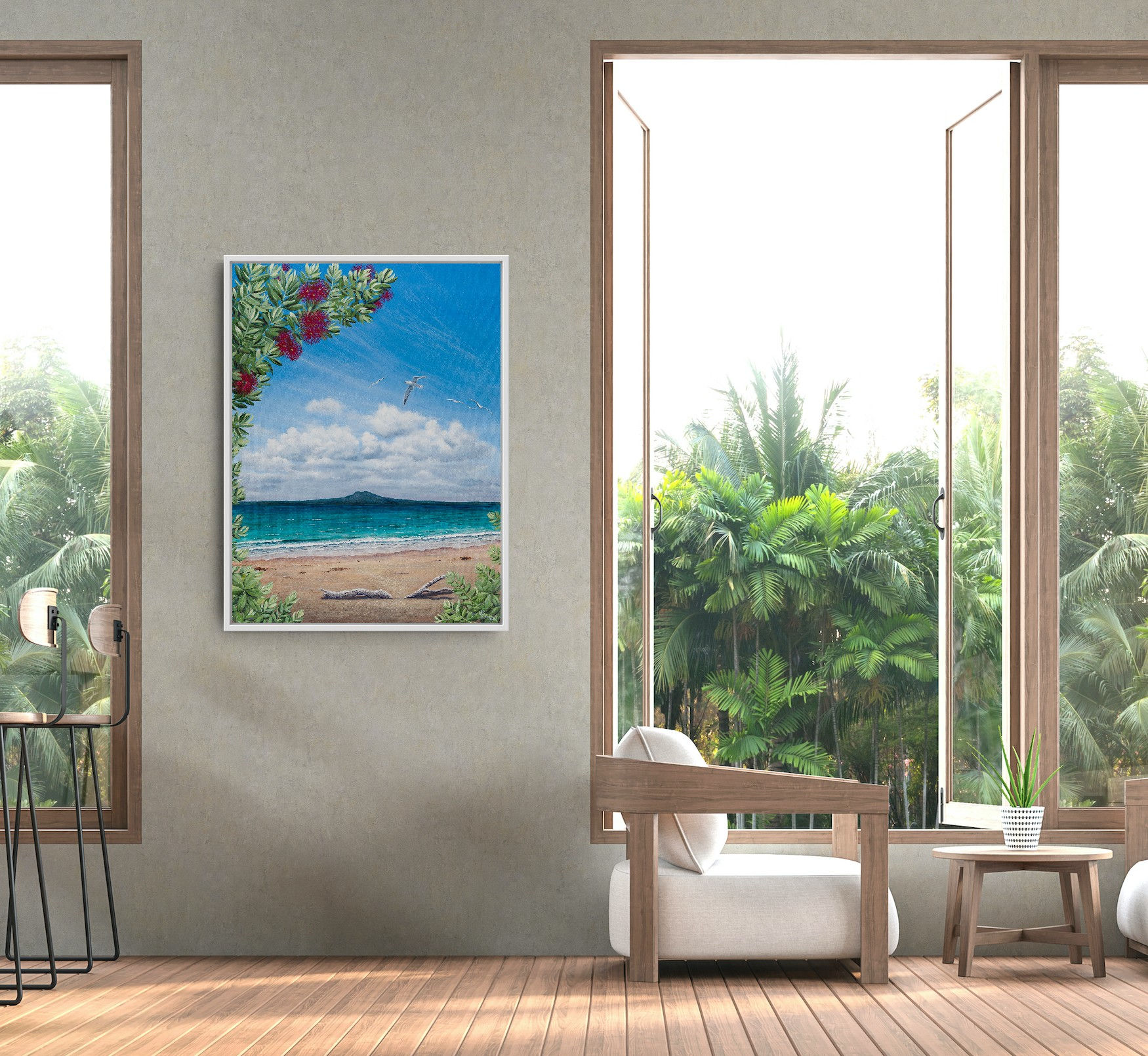 Wall art print of Rangitoto Island with vibrant pohutukawa flowers, dynamic clouds, and deep green sea – New Zealand coast