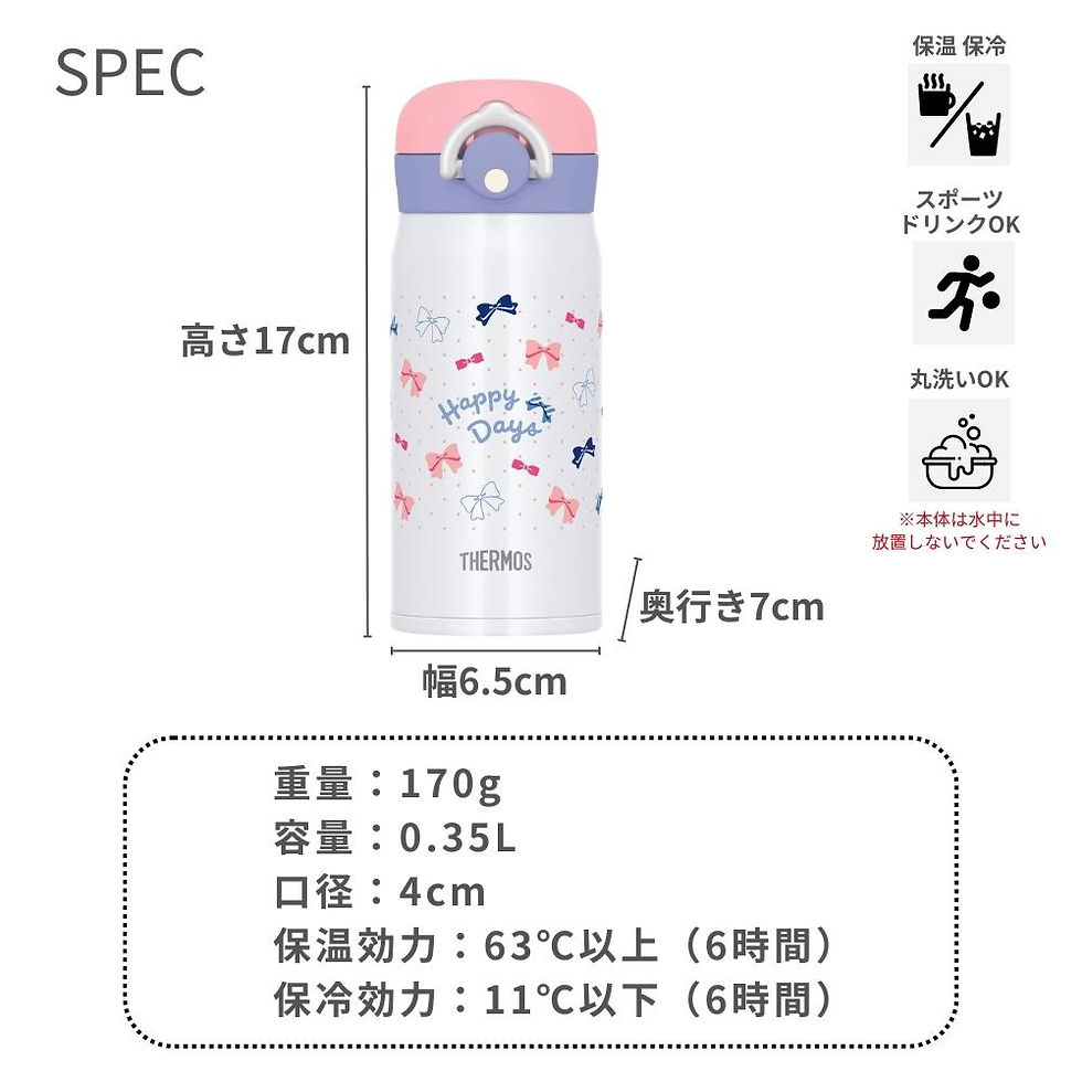 縮圖：(代購)日本 Thermos 膳魔師少女風可愛圖案不銹鋼真空保冷保溫一鍵式輕便量攜水壺 Stainless Steel Mug Bottle JNR 350ml