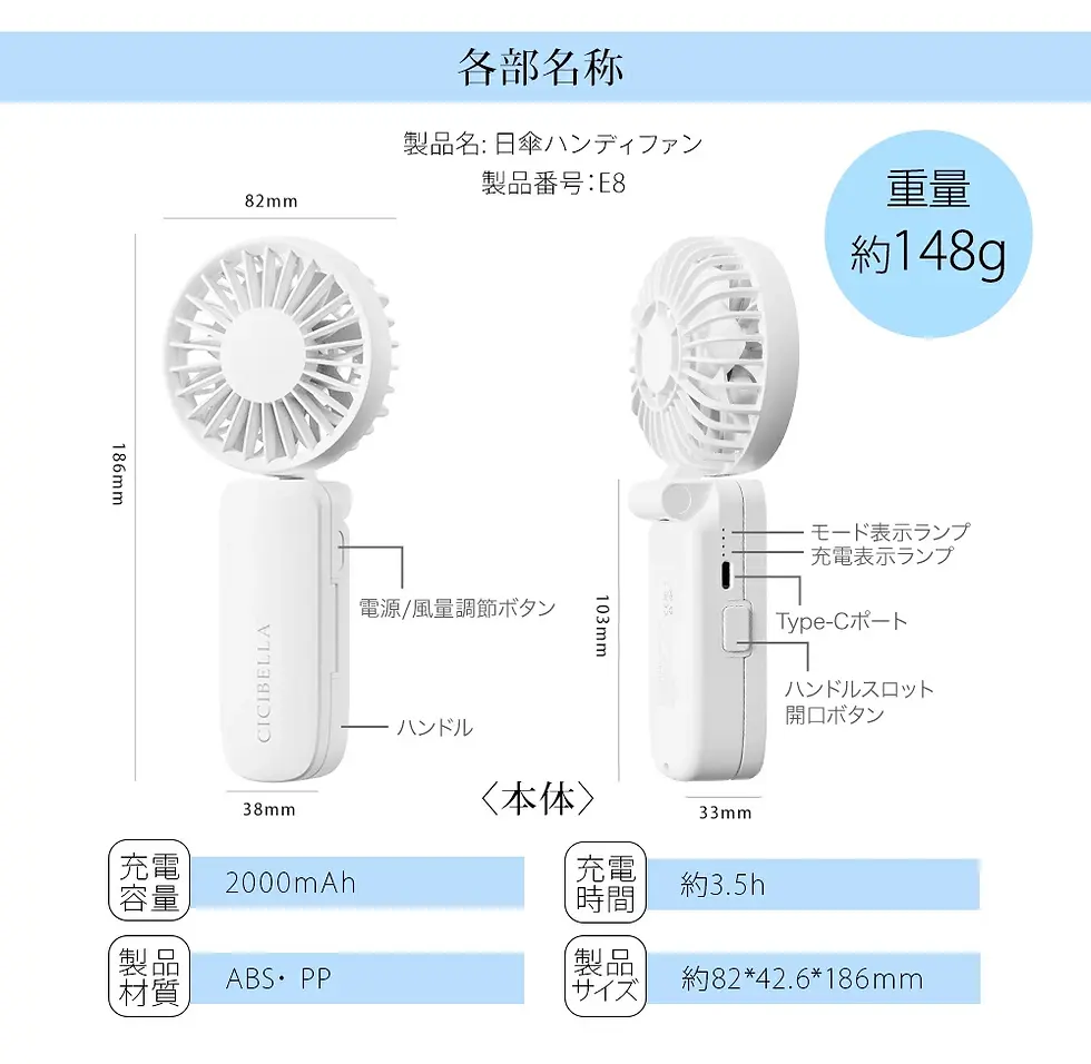 縮圖：(代購)2026日本新版 CICIBELLA 強力送風 超大風量 降溫功能 無線便攜手持式靜音風扇 可固定在遮陽雨傘上 解放雙手 USB充電 Handy Fan