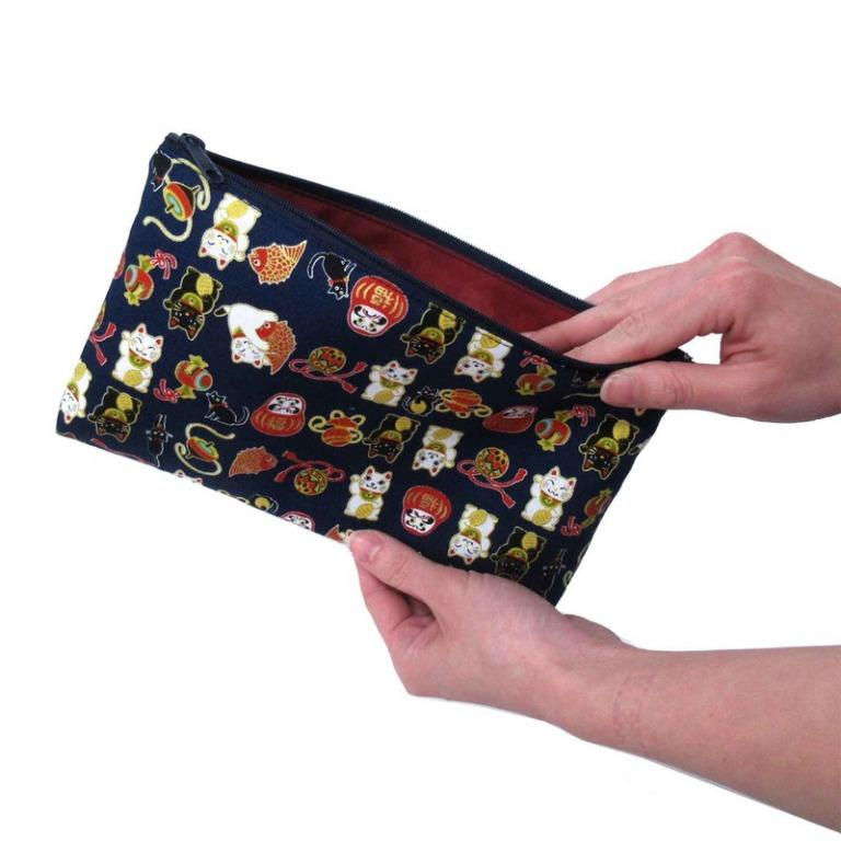 縮圖：日本精品 和風招財貓咪布質 旅行整理收納儲物化妝拉鍊筆袋 Cosmetic Flat Pouch Zipper Bag