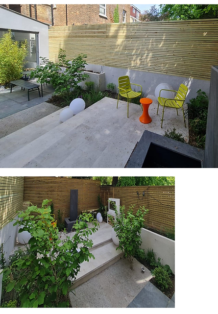 Modern garden design: two-level patio, seating area