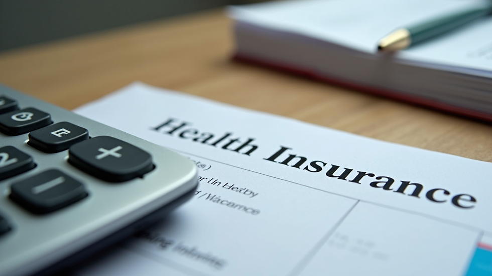 Eye-level view of a calculator on a table with health insurance documents