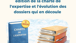 Illustration représentant la charte de l’expertise immobilière avec un macaron « Nouveau », accompagnée d’une pile de dossiers symbolisant l’évolution et l’alourdissement des exigences documentaires liées à la sixième édition de la charte de l’expertise.