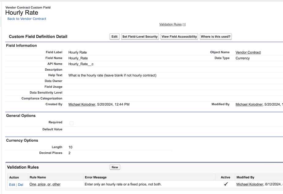 The detail page for a field, with the related list of Validation Rules at the bottom.