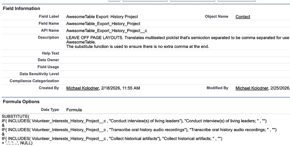 The formula is:
SUBSTITUTE(
IF( INCLUDES( Volunteer_Interests_History_Project__c , "Conduct interview(s) of living leaders"), "Conduct interview(s) of living leaders; " , "")
&
IF( INCLUDES( Volunteer_Interests_History_Project__c , "Transcribe oral history audio recordings"), "Transcribe oral history audio recordings; " , "")
&
IF( INCLUDES( Volunteer_Interests_History_Project__c , "Collect historical artifacts"), "Collect historical artifacts; " , "")
+ '..', '; ..', NULL)