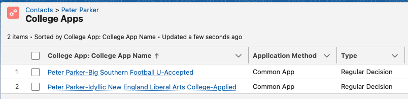 The College Apps related list with student, school, and application status in the Name field.