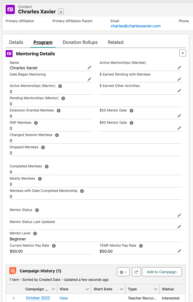 The Program tab, with fields for Mentoring Details and the Campaign History related list.