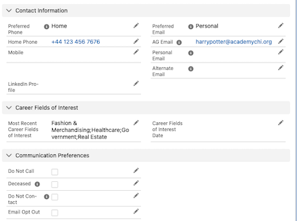 A Contact Information section of the page layout with phone fields on the left and email fields on the right. Below that, a Career Fields of Interest section with one field in each column. Finally, a Communication Preferences section with checkboxes only in the left column.