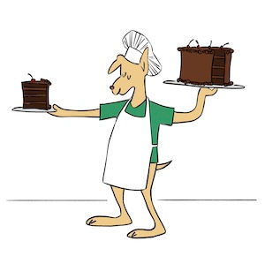 Freebie holding a beautiful chocolate layer cake.
