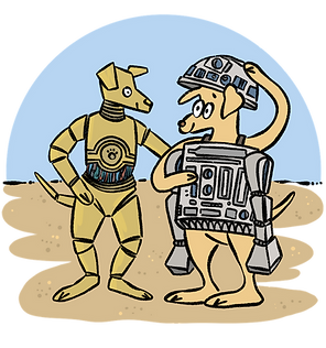 Freebie in a homemade R2D2 costume next to a golden dog android.