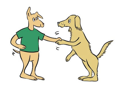 Freebie shaking hands with another dog.