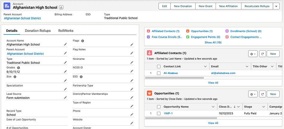 An account page, with two single related lists in the right column, Affiliated Contacts and Opportunities.