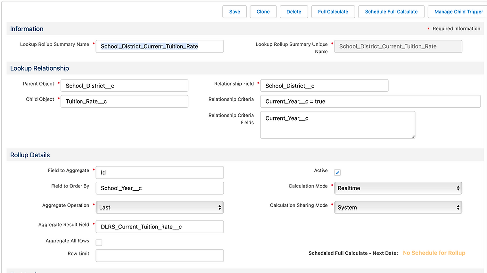 Shows the setup screen for a DLRS rollup to find the Id of the last Tuition Rate and put it into the Current Tuition Rate field.