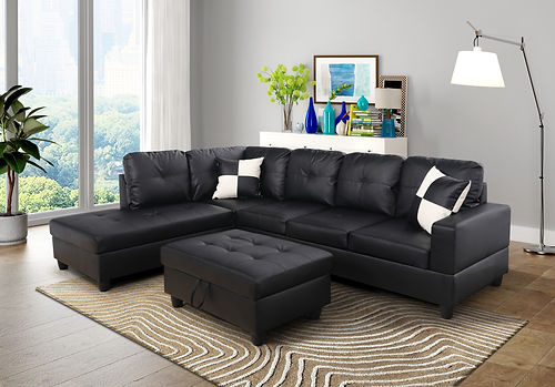 Black Faux Leather Sectional Sofa with Ottoma
