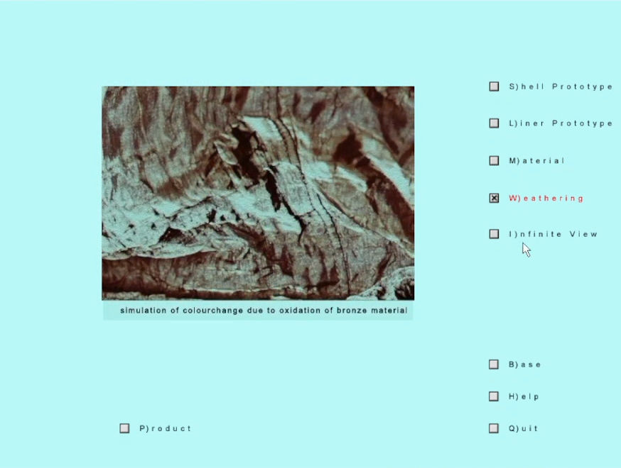 Simulation of bronze oxidation displayed on a light blue screen. Menu options on the right; "Weathering" highlighted in red.