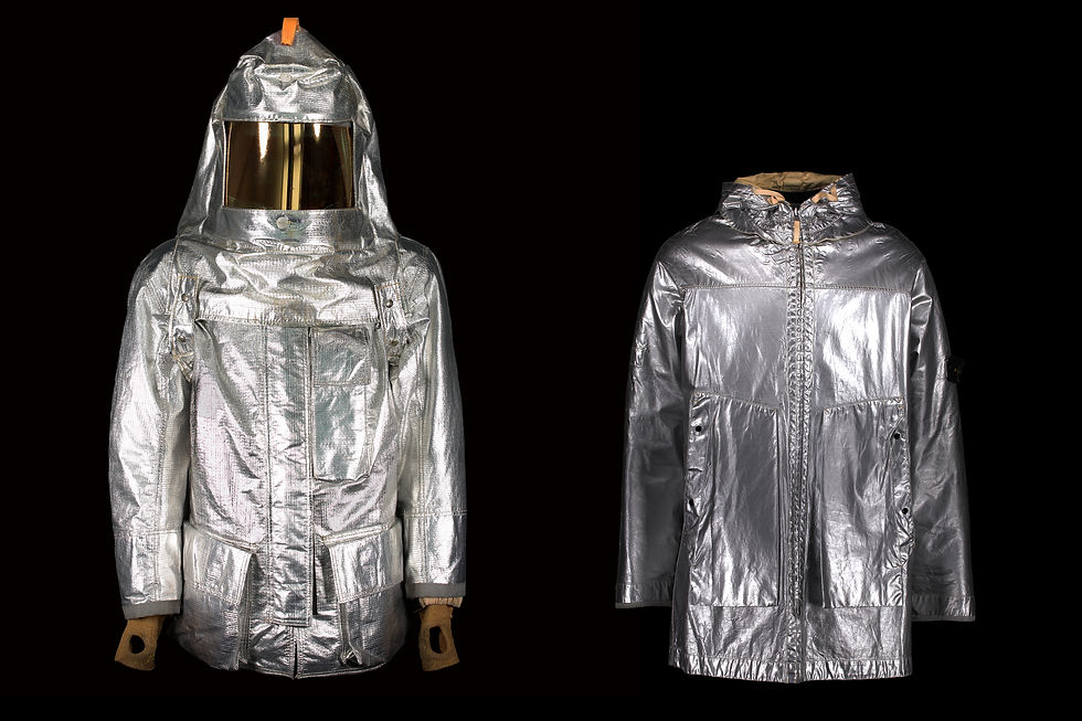 Left: Firefighters’ Proximity Jacket. Right: Stone Island Reversible Metallic Coat.