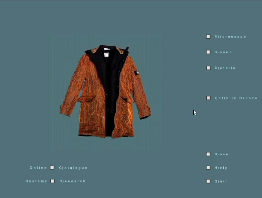 Orange jacket on a grey-green background with menu options: Microscope, Sound, Details, Infinite Bronze, Base, Help, Quit, Catalogue, Research.