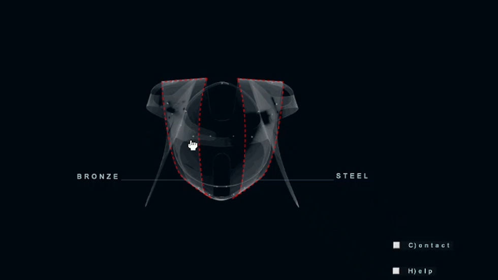 Futuristic interface with a transparent 3D shield design. Text reads "Stone Island Systems Research 99 00" with options: Contact, Help, Quit.