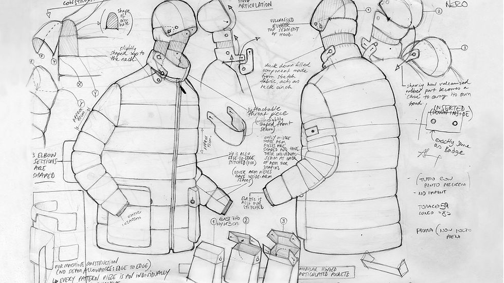 Sketch of a modular puffer jacket design with detailed notes on hood articulation and sleeve construction. Includes frontal and back views.