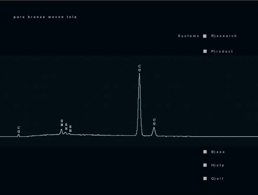 Graph displaying peaks labeled with elements (CU, SSN) against a dark background. Text includes "pure bronze woven tela" and menu options.