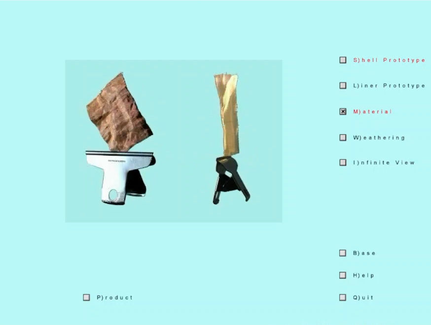 Two objects on stands against a turquoise background. Text options on the right, one labeled "Material" is selected.