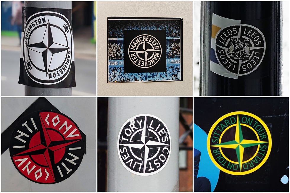 Stickers featuring NATO symbols and text: "Darlington," "Manchester," "Leeds," "Tory Lies," and "Sittard On Tour" on various surfaces.