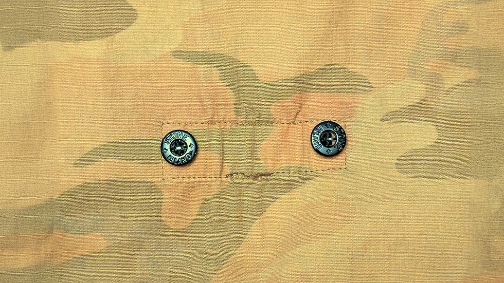 Close-up of camo fabric with two metal buttons labeled "Stone Island." The pattern features shades of tan and green.